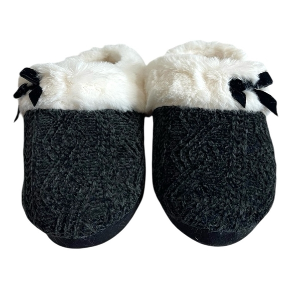 RACHEL Rachel Roy Black White Chenille Knit Fur Bow Slip-On Memory Foam Slippers - Picture 4 of 7